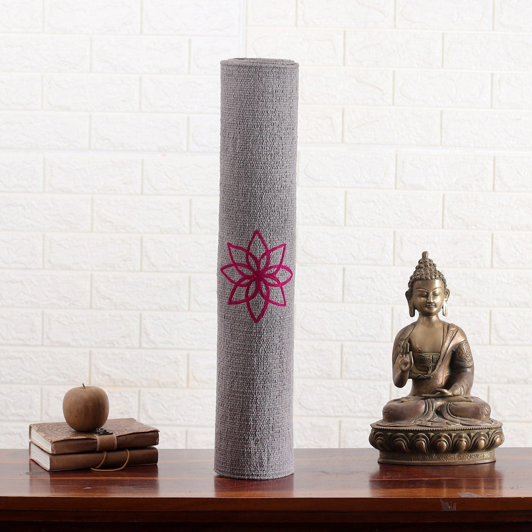 Chakra-Themed Embroidered Cotton Yoga Mat in Grey (2x6) - Chakras in Grey
