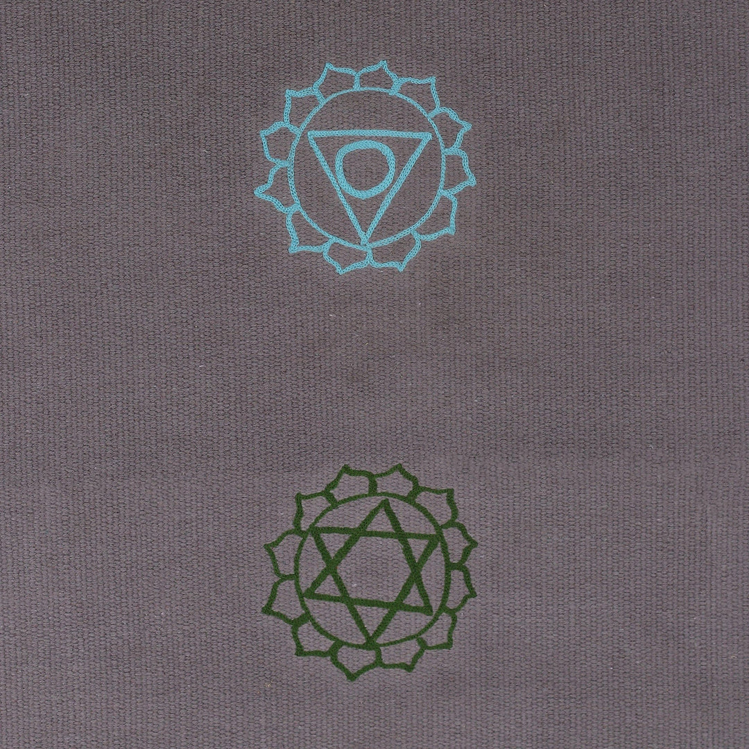 Chakra-Themed Embroidered Cotton Yoga Mat in Grey (2x6) - Chakras in Grey