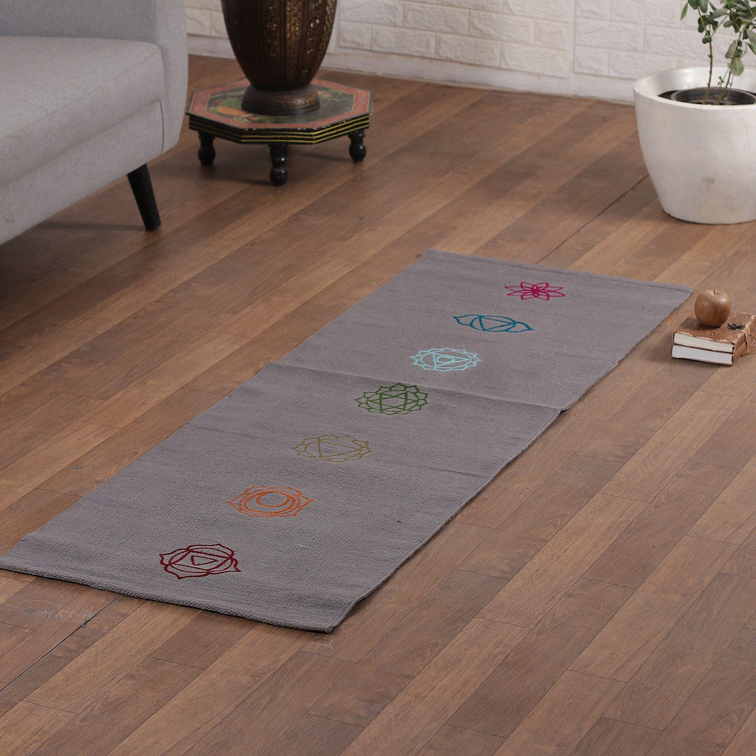 Chakra-Themed Embroidered Cotton Yoga Mat in Grey (2x6) - Chakras in Grey