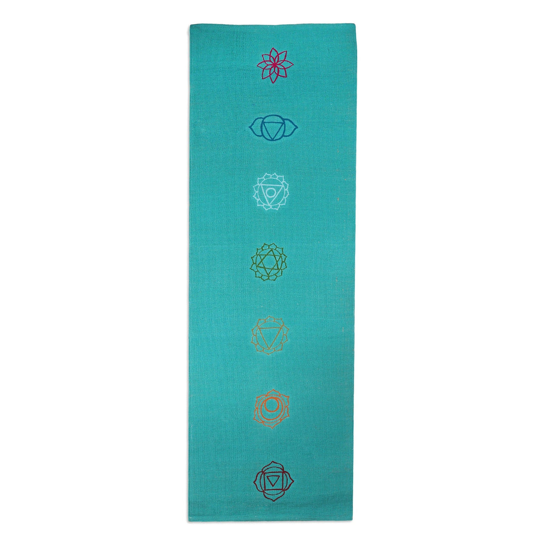 Chakra-Themed Embroidered Cotton Yoga Mat in Turquoise (2x6) - Chakras in Turquoise