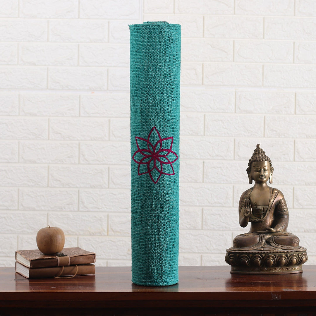 Chakra-Themed Embroidered Cotton Yoga Mat in Turquoise (2x6) - Chakras in Turquoise