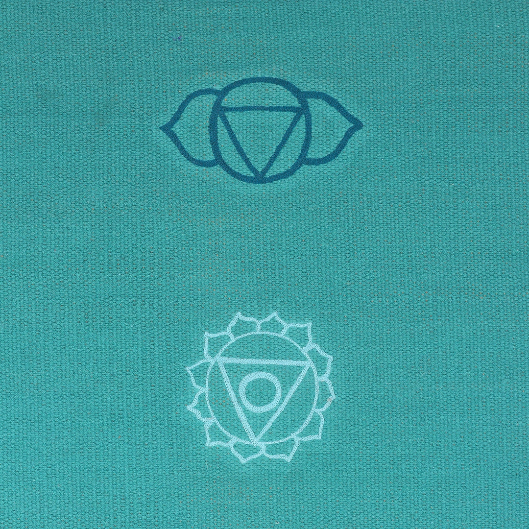 Chakra-Themed Embroidered Cotton Yoga Mat in Turquoise (2x6) - Chakras in Turquoise