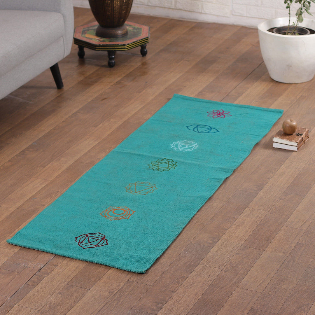 Chakra-Themed Embroidered Cotton Yoga Mat in Turquoise (2x6) - Chakras in Turquoise