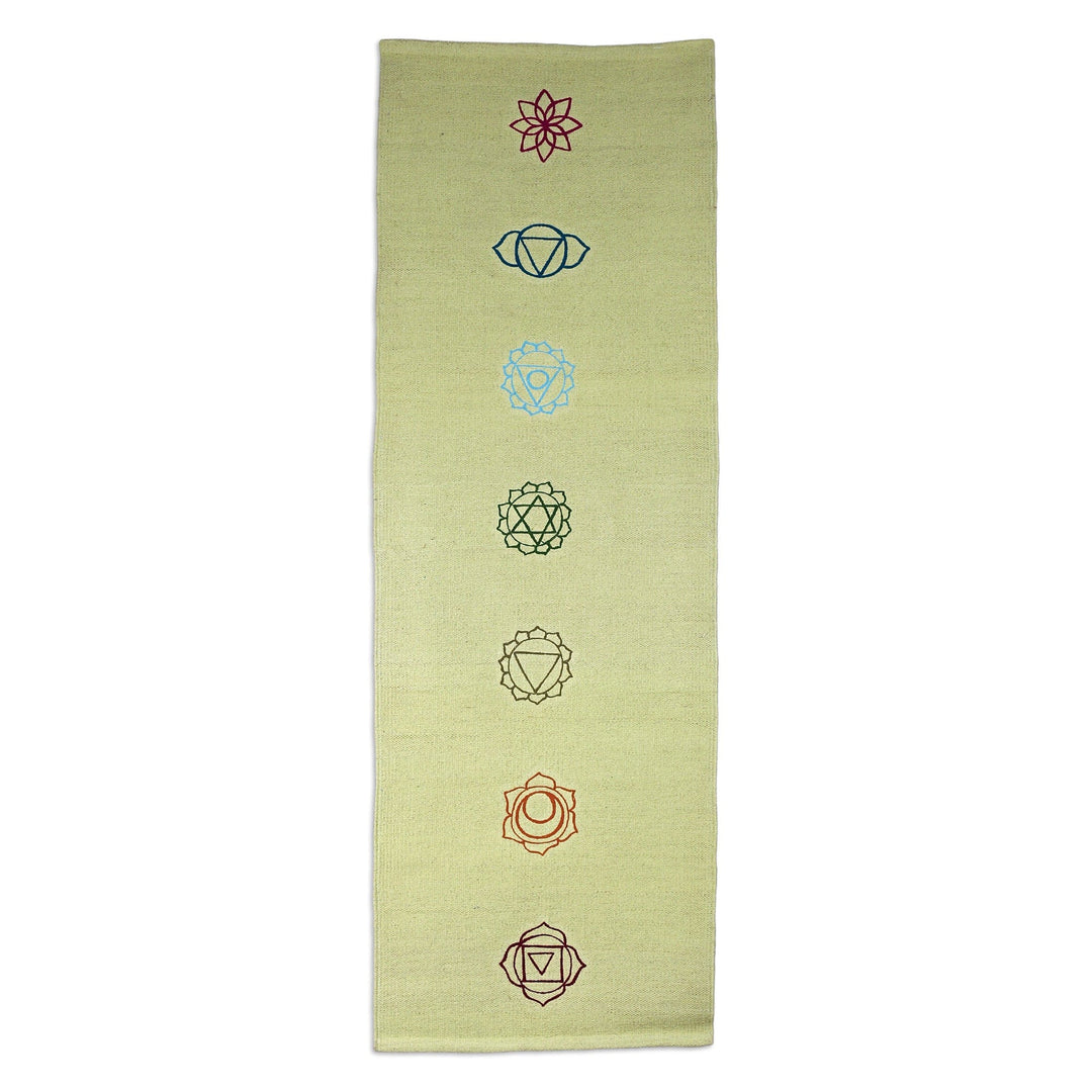 Chakra-Themed Embroidered Cotton Yoga Mat in Green (2x6) - Chakras in Green