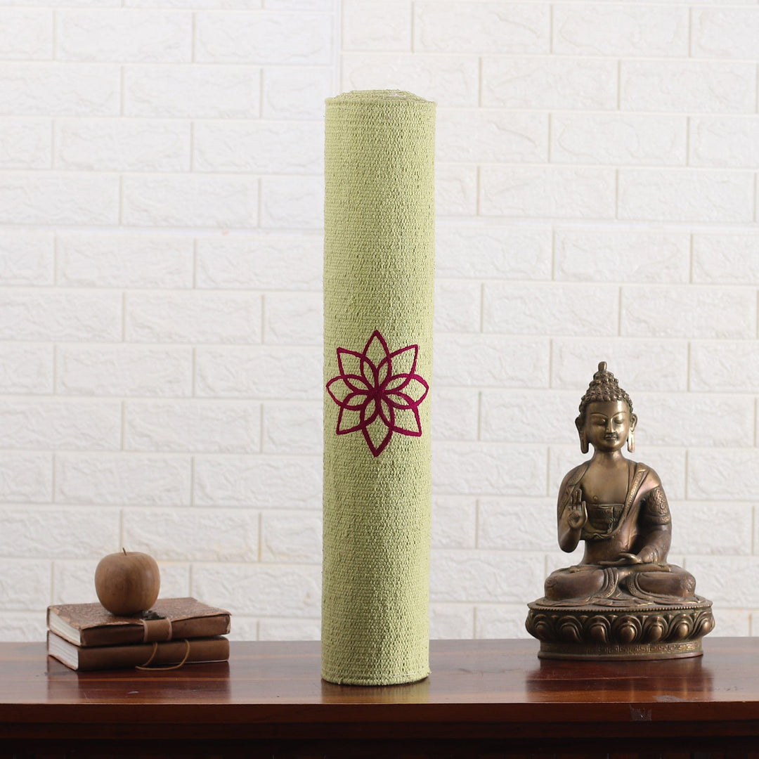 Chakra-Themed Embroidered Cotton Yoga Mat in Green (2x6) - Chakras in Green