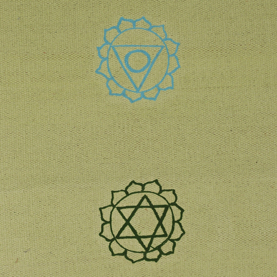 Chakra-Themed Embroidered Cotton Yoga Mat in Green (2x6) - Chakras in Green