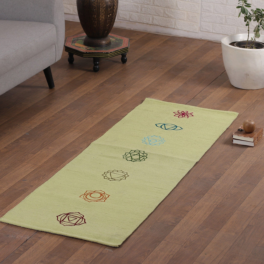 Chakra-Themed Embroidered Cotton Yoga Mat in Green (2x6) - Chakras in Green