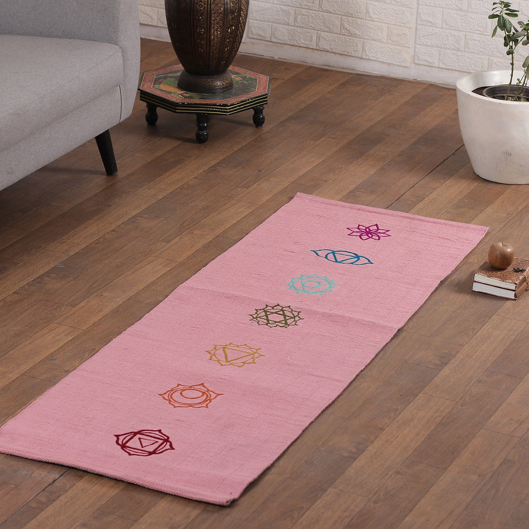 Chakra-Themed Embroidered Cotton Yoga Mat in Pink (2x6) - Chakras in Pink