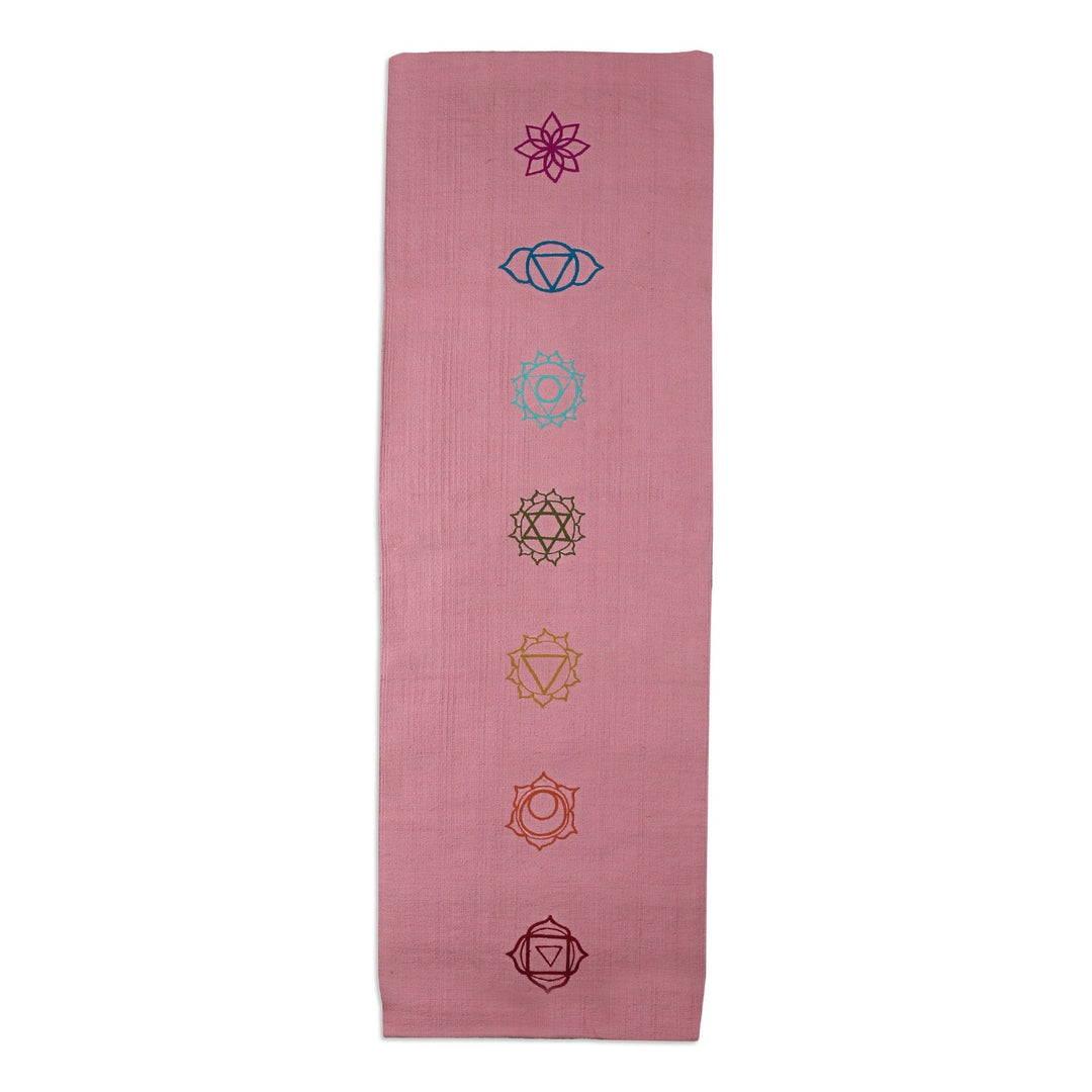 Chakra-Themed Embroidered Cotton Yoga Mat in Pink (2x6) - Chakras in Pink