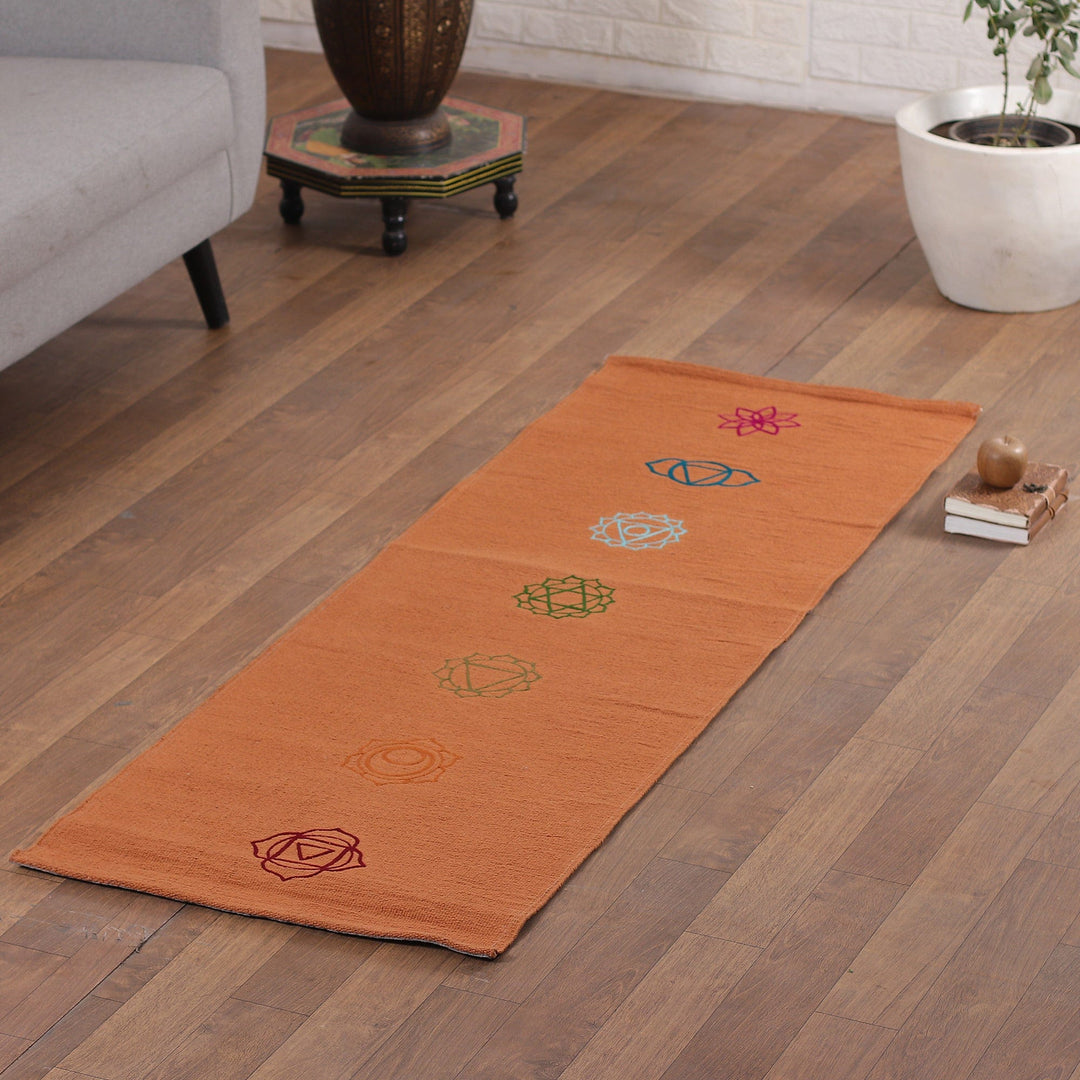 Chakra-Themed Embroidered Cotton Yoga Mat in Orange (2x6) - Chakras in Orange