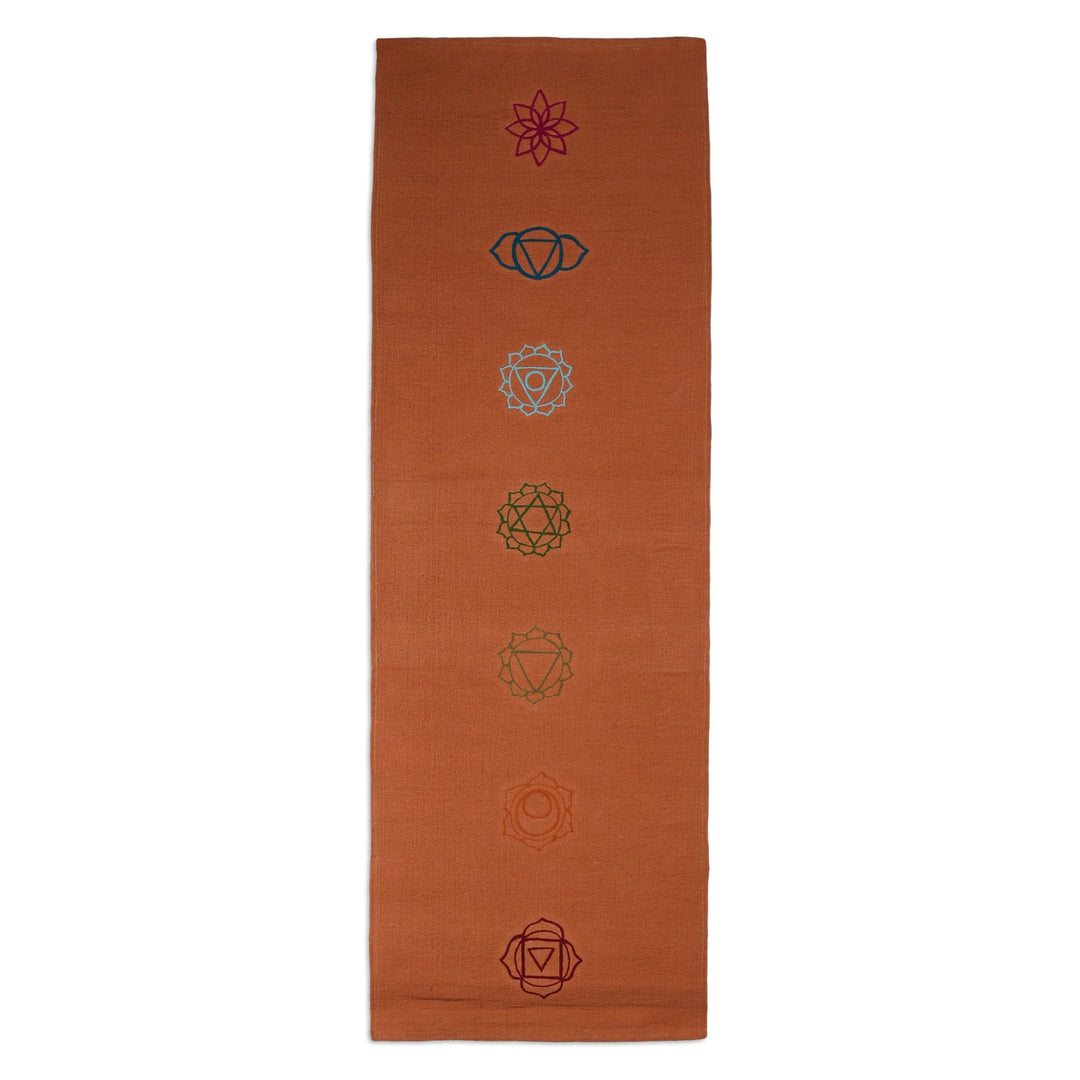 Chakra-Themed Embroidered Cotton Yoga Mat in Orange (2x6) - Chakras in Orange