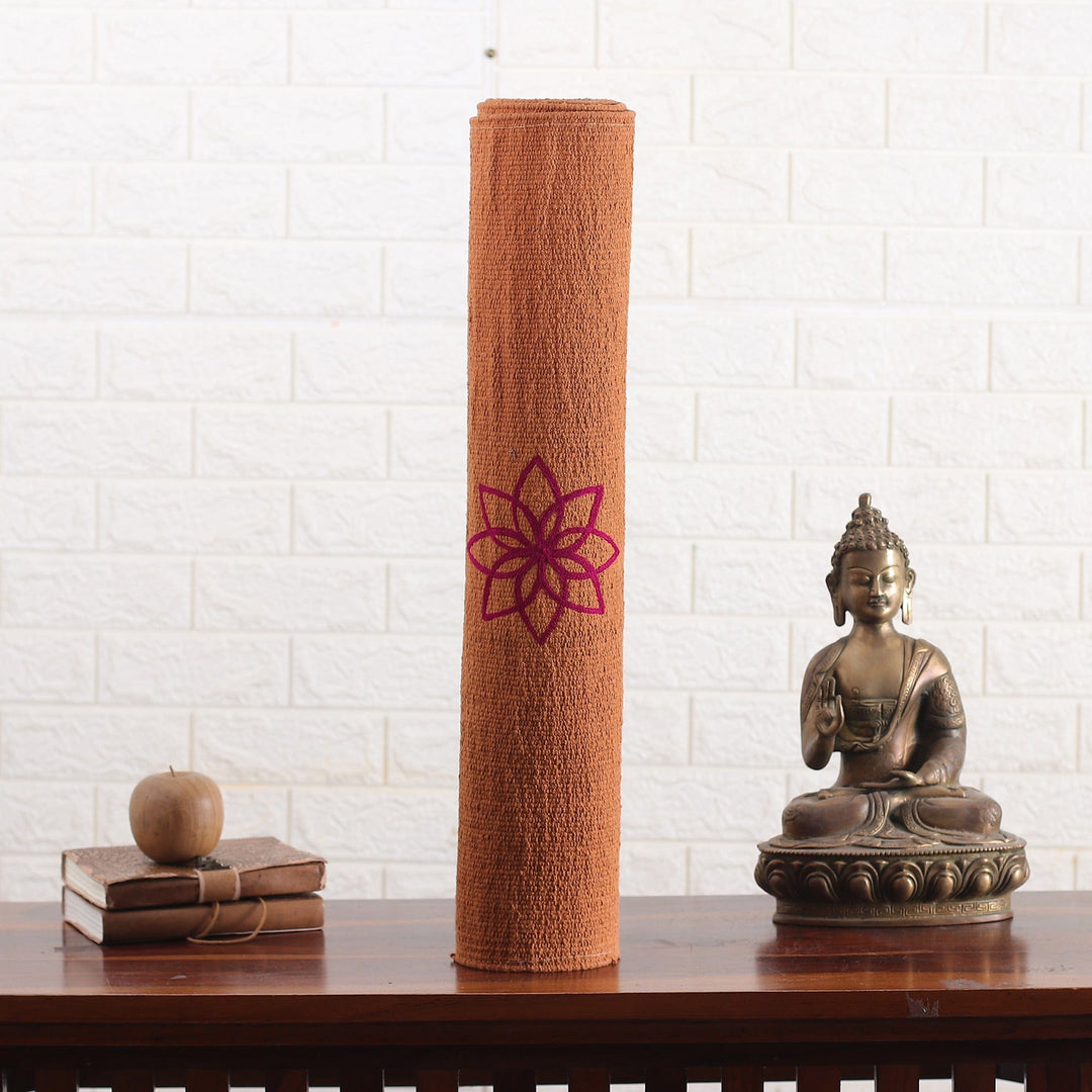 Chakra-Themed Embroidered Cotton Yoga Mat in Orange (2x6) - Chakras in Orange