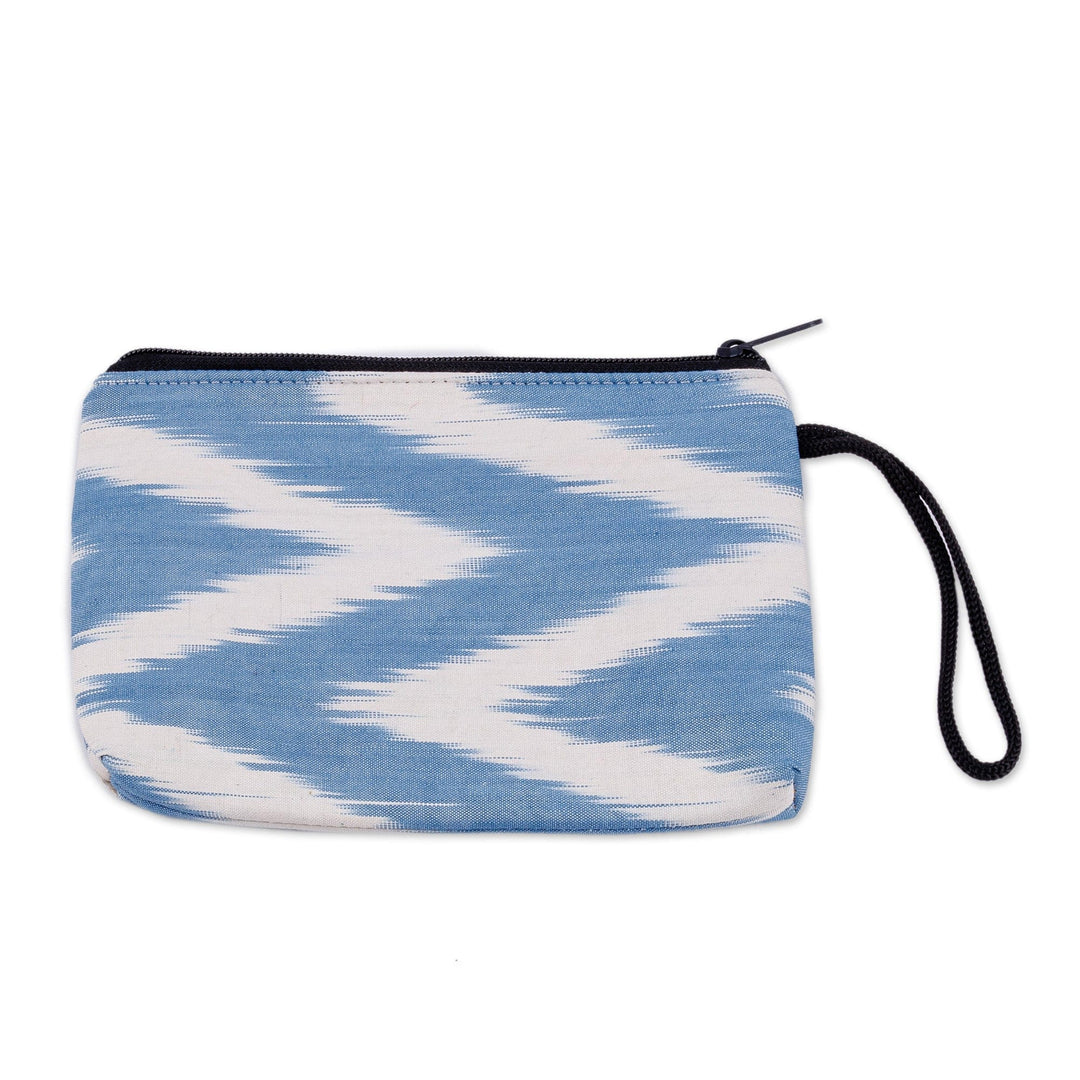 Blue and White Ikat Patterned Cotton Zippered Cosmetic Bag - Ikat Serenity