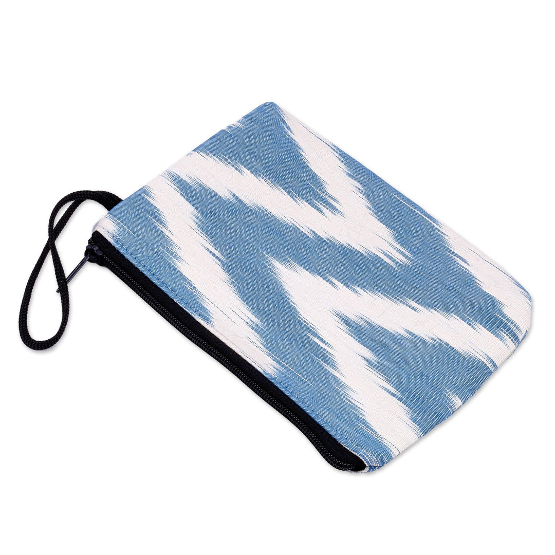 Blue and White Ikat Patterned Cotton Zippered Cosmetic Bag - Ikat Serenity