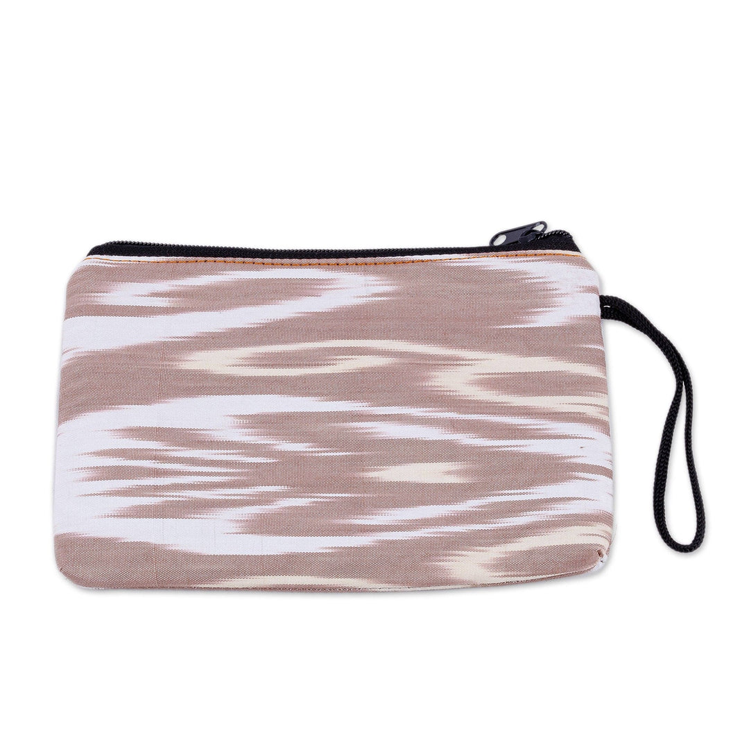 Beige and White Ikat Patterned Cotton Zippered Cosmetic Bag - Ikat Tenderness