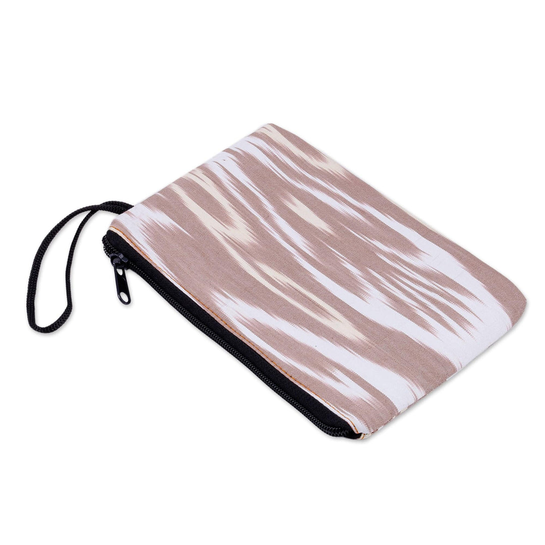 Beige and White Ikat Patterned Cotton Zippered Cosmetic Bag - Ikat Tenderness