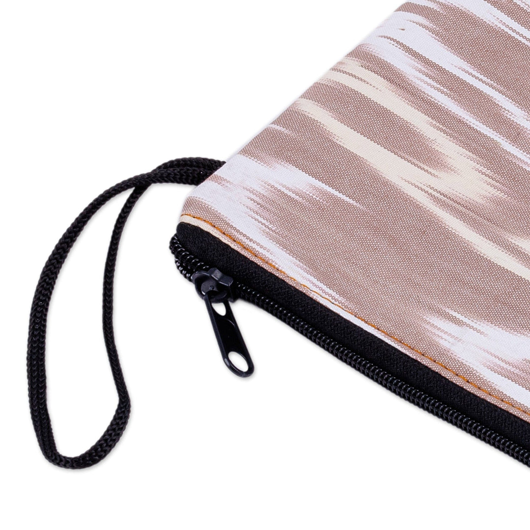 Beige and White Ikat Patterned Cotton Zippered Cosmetic Bag - Ikat Tenderness