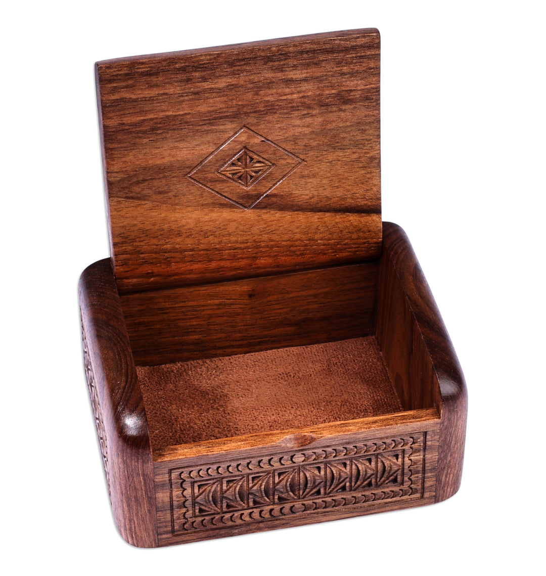 Hand-Carved Polished Wood Jewelry Box with Armenian Motifs - Armenian Heirlooms