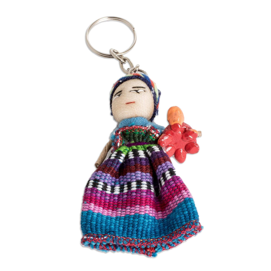 Cotton Keychain of a Worry Doll Holding a Ceramic Turtle - Road Companion