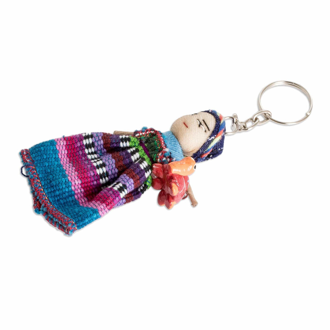 Cotton Keychain of a Worry Doll Holding a Ceramic Turtle - Road Companion