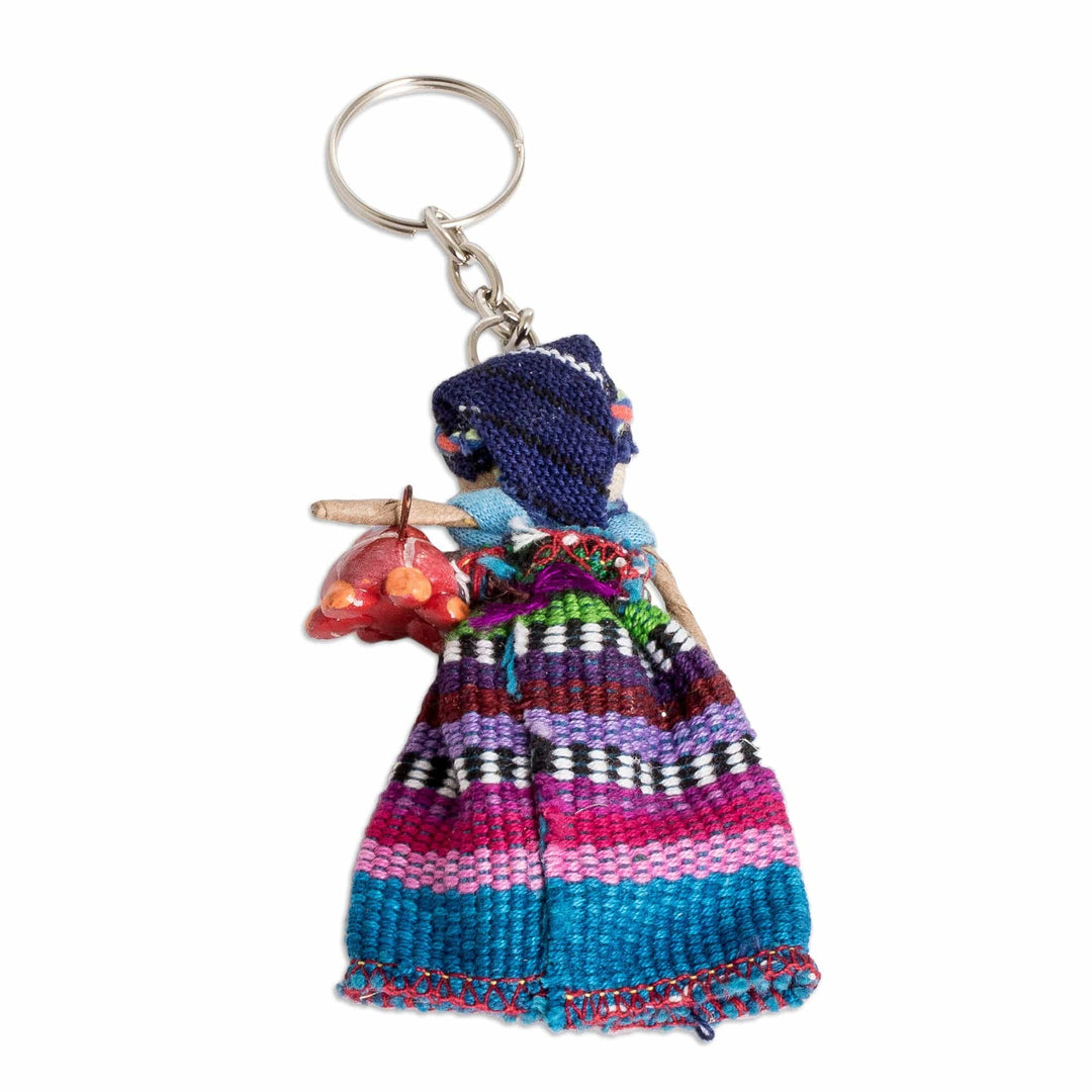 Cotton Keychain of a Worry Doll Holding a Ceramic Turtle - Road Companion