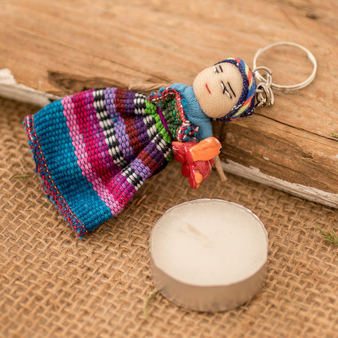 Cotton Keychain of a Worry Doll Holding a Ceramic Turtle - Road Companion