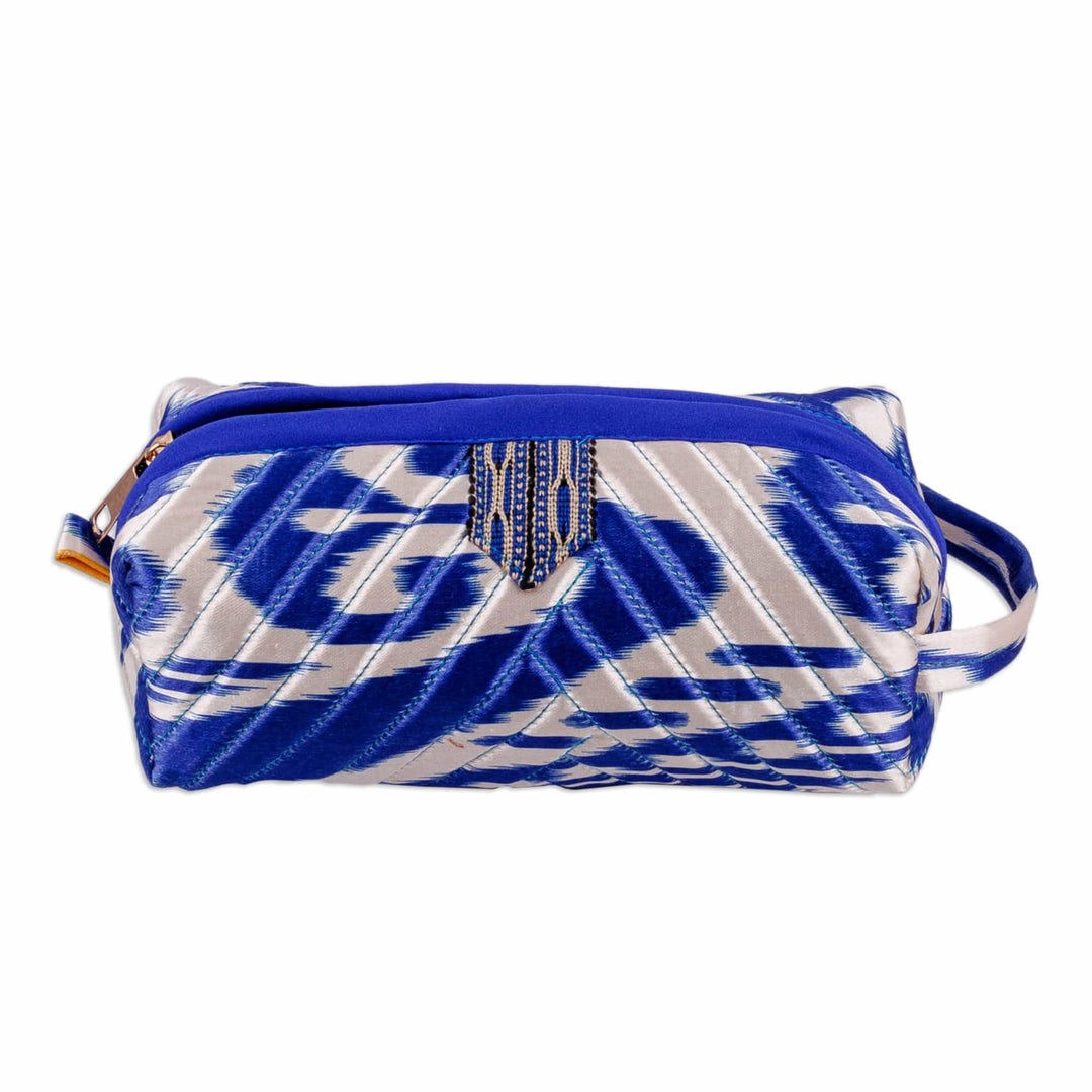 Blue and White Ikat Cosmetic Bag with Handle & Brass Zipper - Magical Blue
