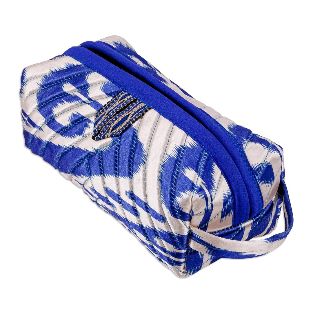Blue and White Ikat Cosmetic Bag with Handle & Brass Zipper - Magical Blue