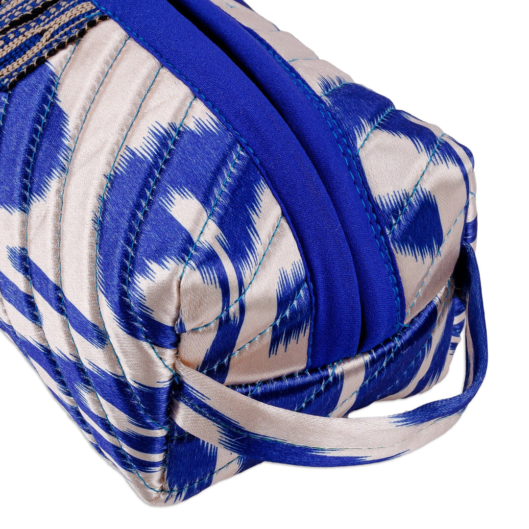 Blue and White Ikat Cosmetic Bag with Handle & Brass Zipper - Magical Blue