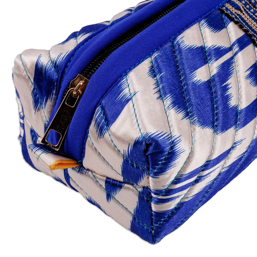 Blue and White Ikat Cosmetic Bag with Handle & Brass Zipper - Magical Blue