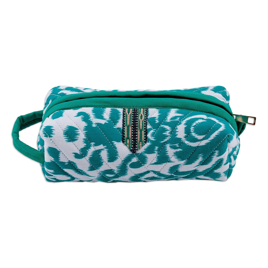 Handmade Green & White Ikat Cotton Cosmetic Bag with Handle - Gorgeous Green