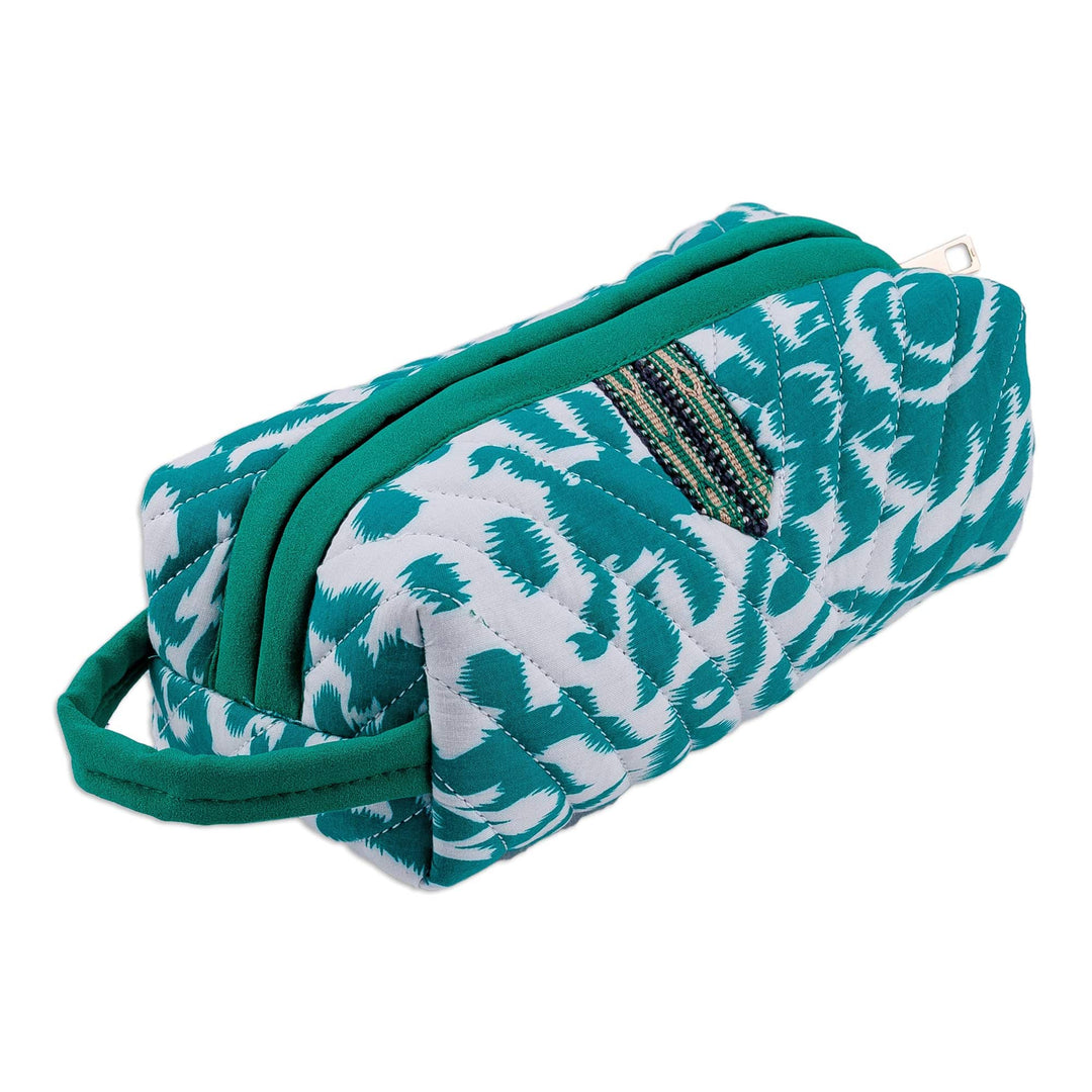 Handmade Green & White Ikat Cotton Cosmetic Bag with Handle - Gorgeous Green
