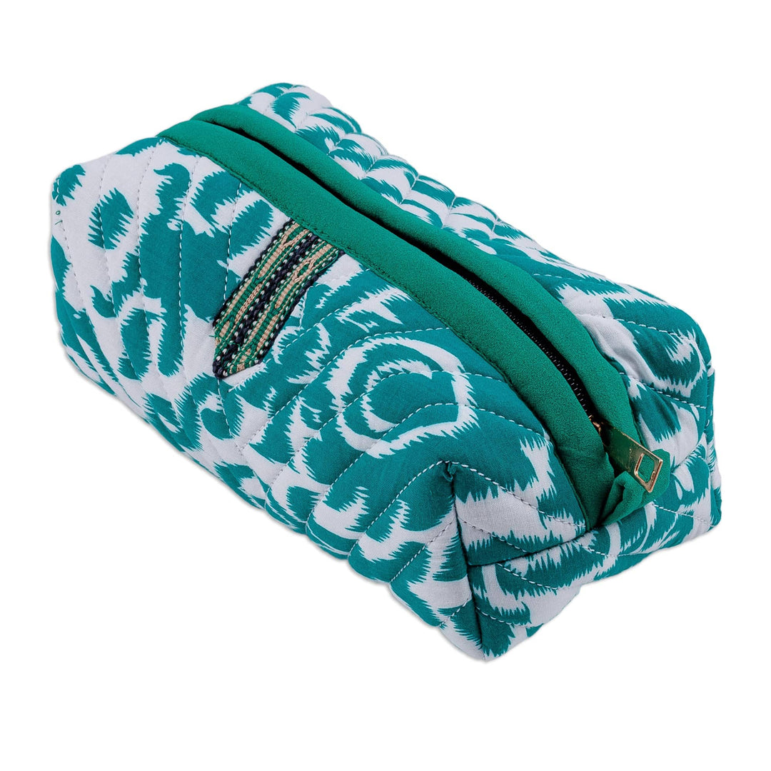 Handmade Green & White Ikat Cotton Cosmetic Bag with Handle - Gorgeous Green