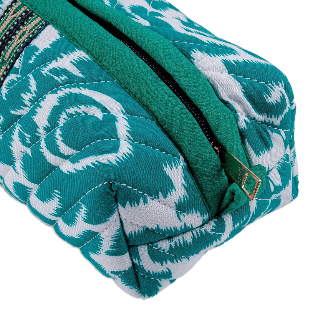 Handmade Green & White Ikat Cotton Cosmetic Bag with Handle - Gorgeous Green