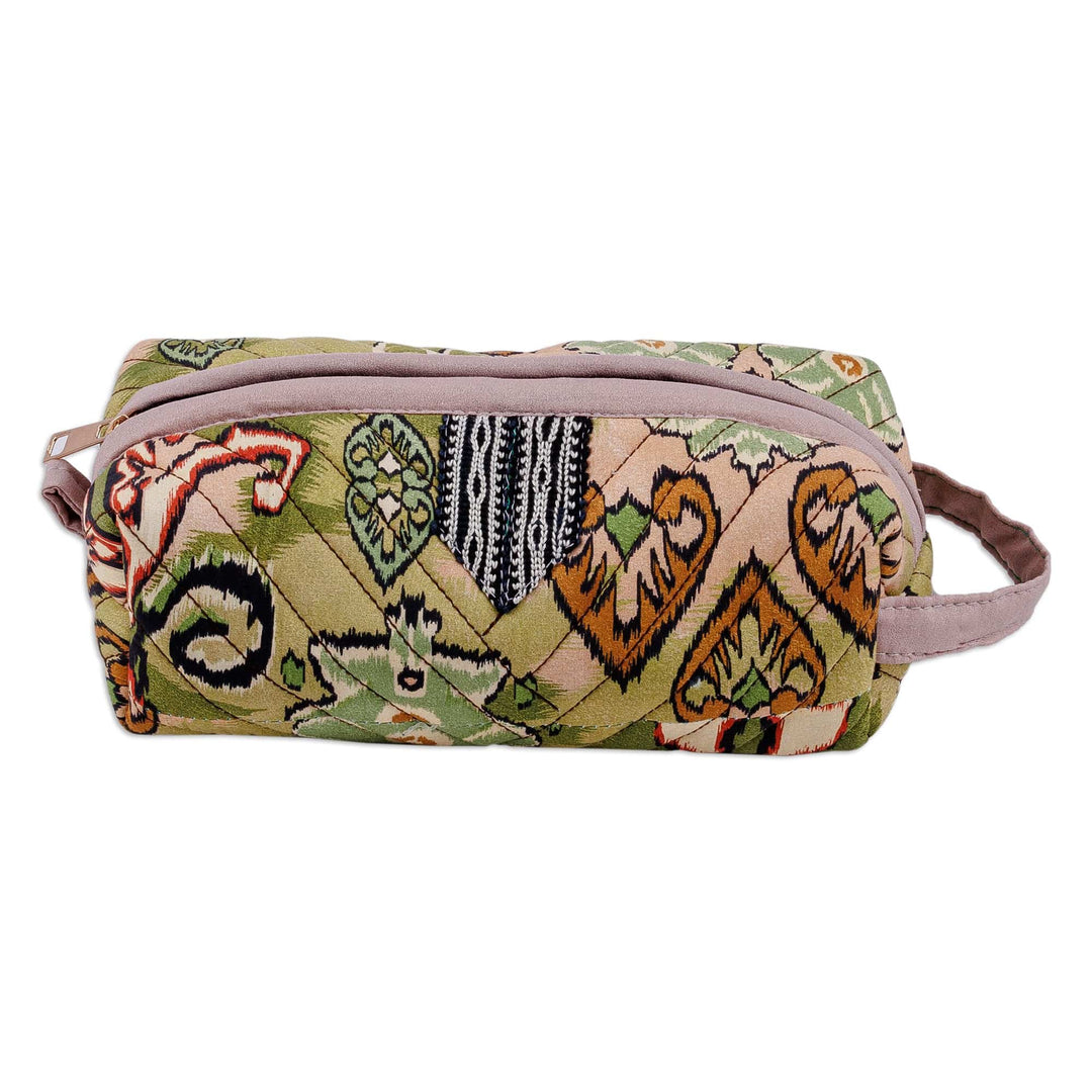 Handmade Ikat Cotton Floral & Leaf Cosmetic Bag with Handle - Garden Glam