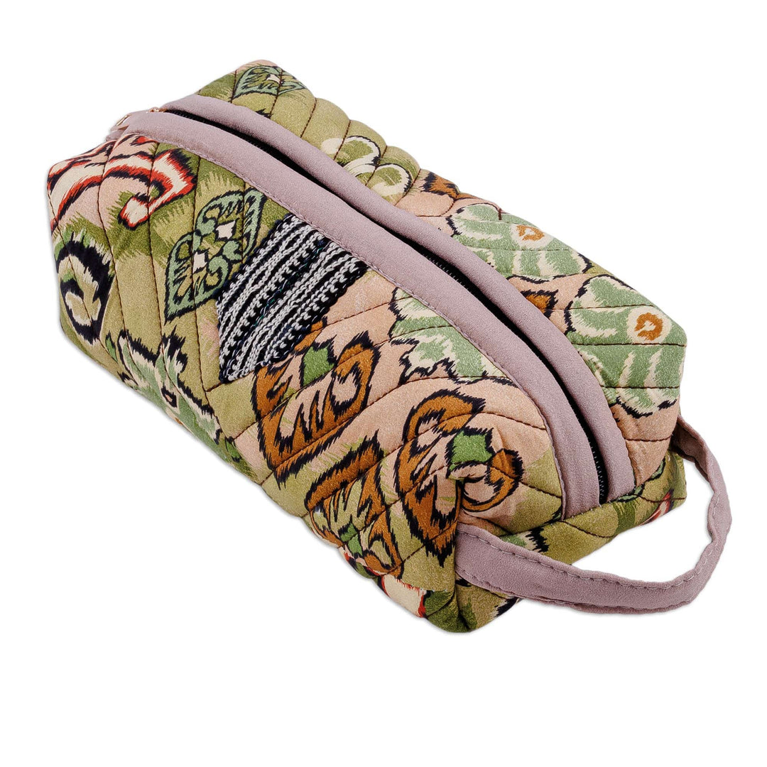 Handmade Ikat Cotton Floral & Leaf Cosmetic Bag with Handle - Garden Glam