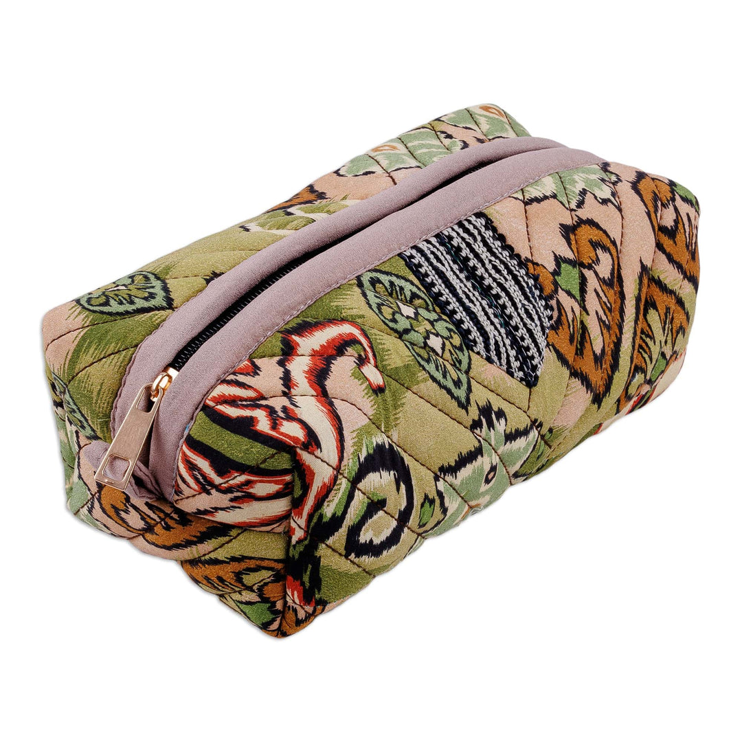 Handmade Ikat Cotton Floral & Leaf Cosmetic Bag with Handle - Garden Glam