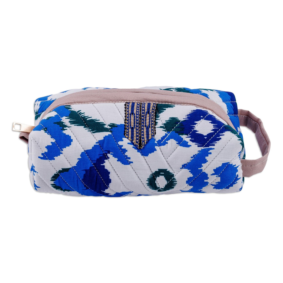 Handmade Blue & White Ikat Cotton Cosmetic Bag with Handle - Beautiful Blue