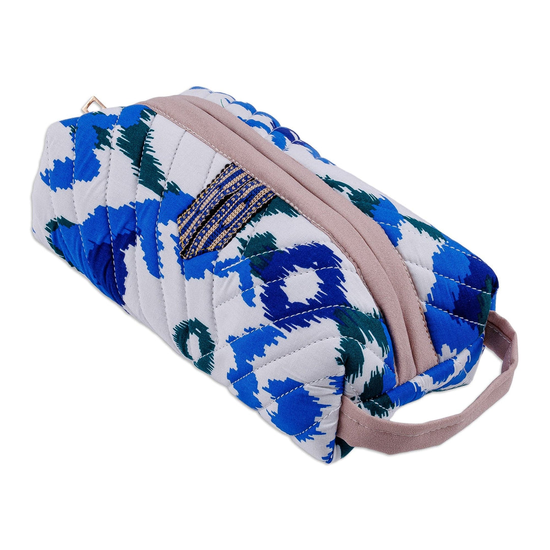 Handmade Blue & White Ikat Cotton Cosmetic Bag with Handle - Beautiful Blue