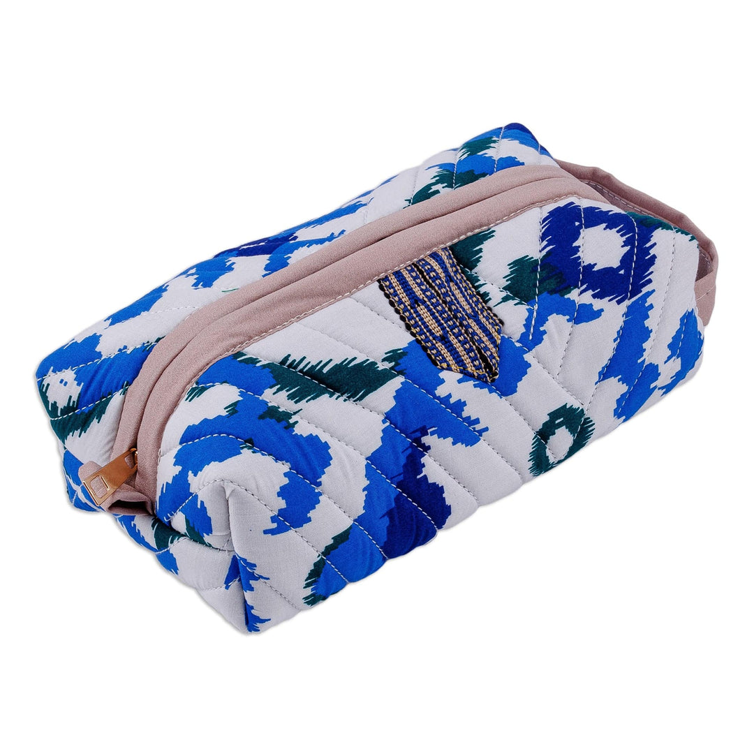 Handmade Blue & White Ikat Cotton Cosmetic Bag with Handle - Beautiful Blue