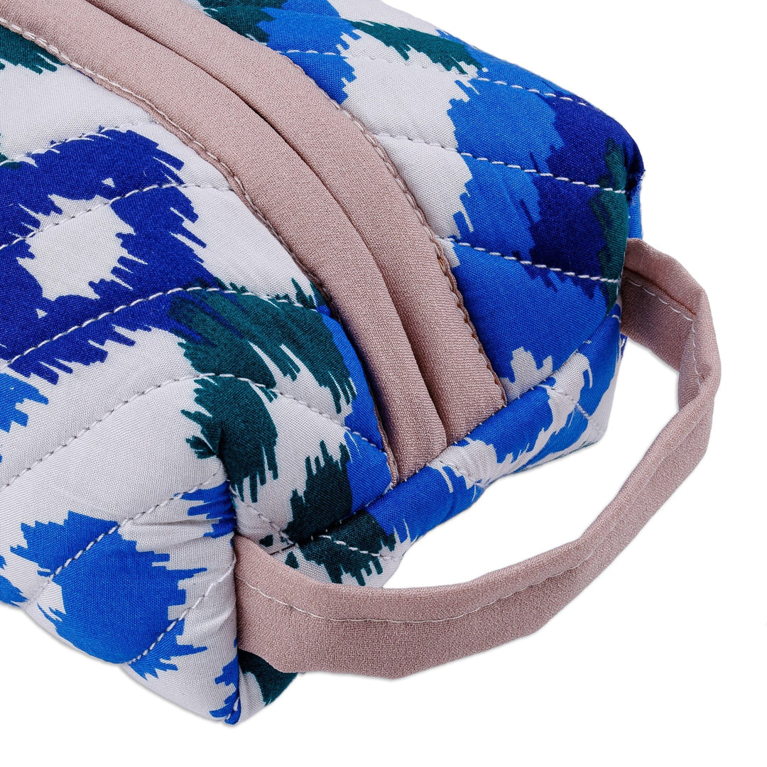 Handmade Blue & White Ikat Cotton Cosmetic Bag with Handle - Beautiful Blue
