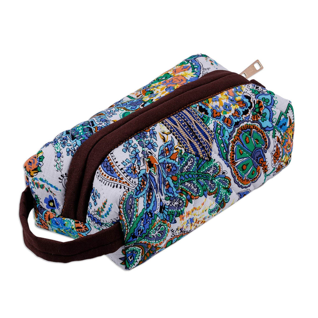 Handcrafted Floral Ikat Cotton Cosmetic Bag with Handle - Gorgeous Garden