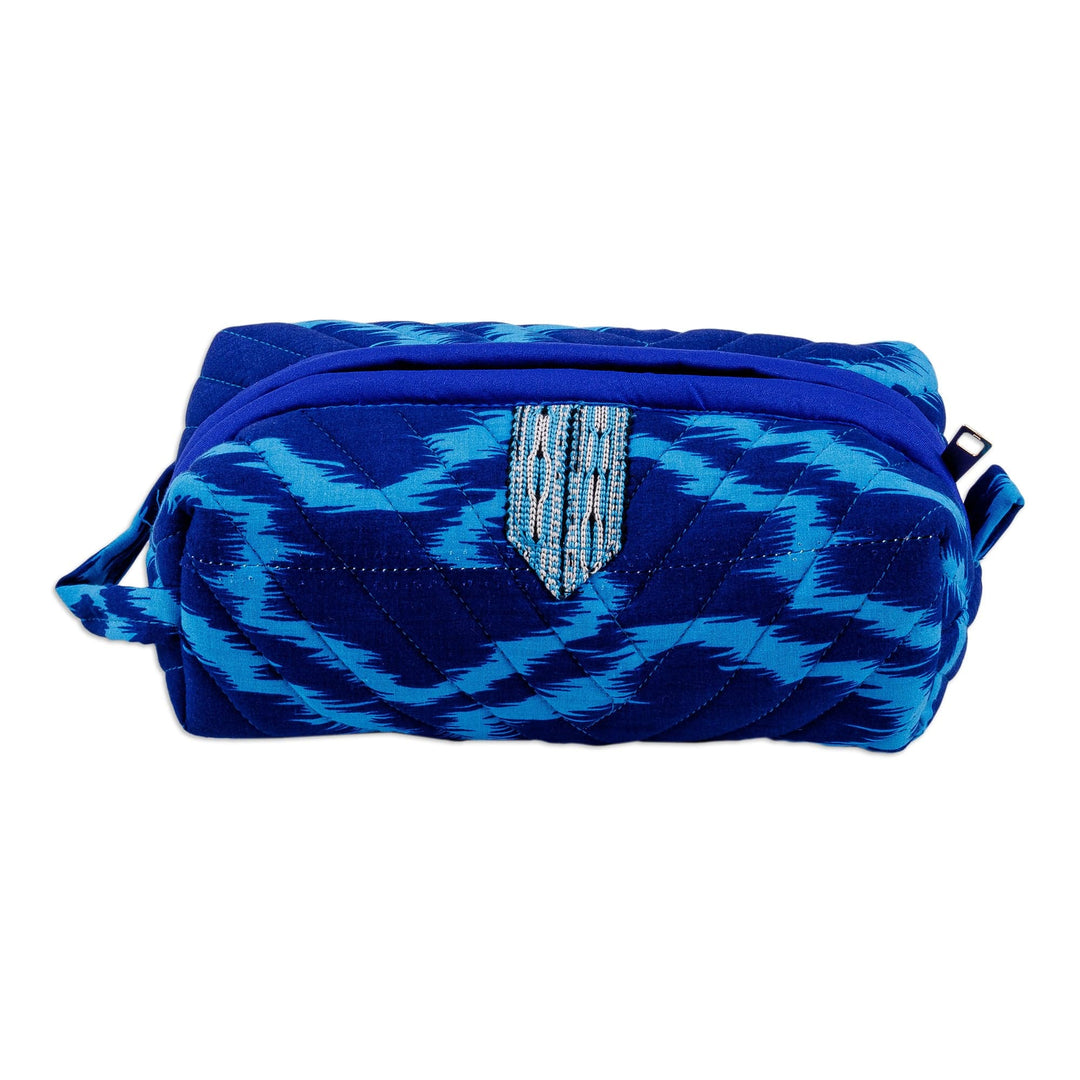 Handmade Ikat Cotton Cosmetic Bag with Handle in Blue Hues - Blue Bliss