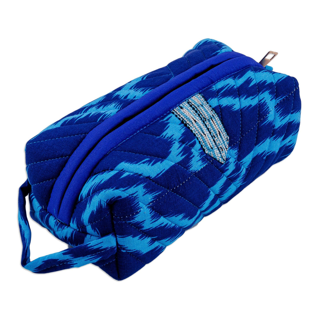 Handmade Ikat Cotton Cosmetic Bag with Handle in Blue Hues - Blue Bliss