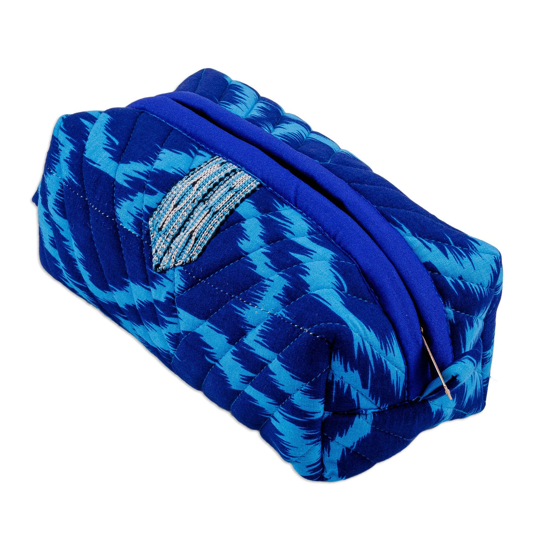 Handmade Ikat Cotton Cosmetic Bag with Handle in Blue Hues - Blue Bliss