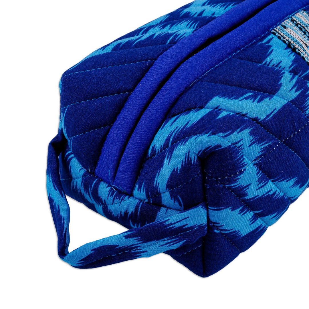 Handmade Ikat Cotton Cosmetic Bag with Handle in Blue Hues - Blue Bliss