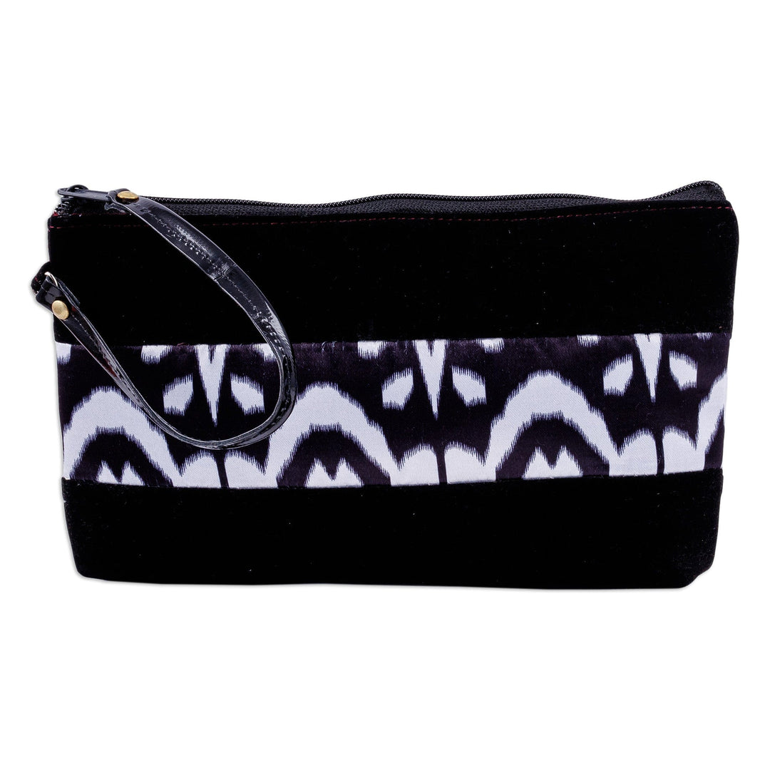 Black and White Wristlet with Ikat Accent from Uzbekistan - Glam Flair