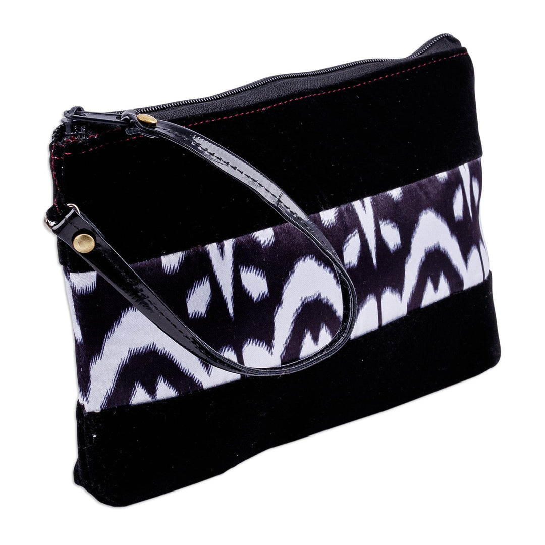 Black and White Wristlet with Ikat Accent from Uzbekistan - Glam Flair