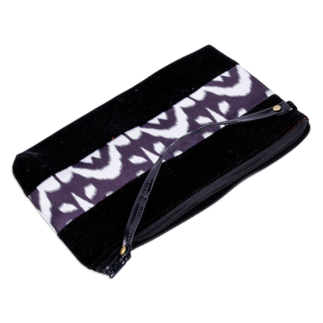 Black and White Wristlet with Ikat Accent from Uzbekistan - Glam Flair