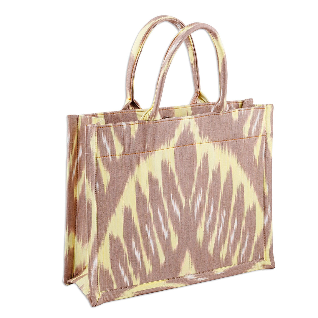 Handcrafted Ikat Cotton Tote Bag in Brown and Yellow - Splendorous Flair
